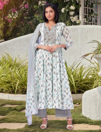 Floral printed white cotton salwar suit