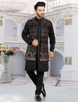 Trendy black long jacket waistcoat set