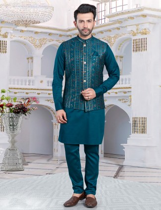 Classy rama blue silk embroidery waistcoat set