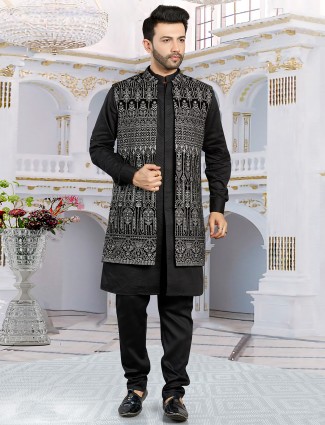 Newest Black long jacket waistcoat set