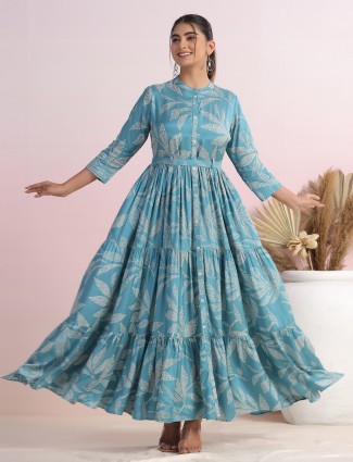 Long stone blue cotton printed kurti