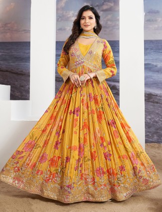 Floral printed mustard yellow anarkali suit