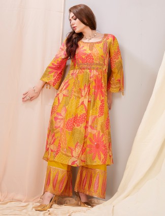 Mustard yellow chiffon printed palazzo suit