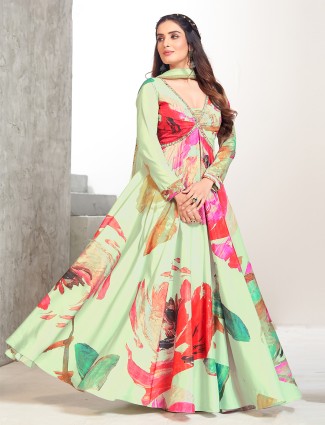 Elegant pista green printed anarkali suit