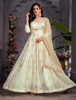 Cream banarasi silk anarkali suit for wedding