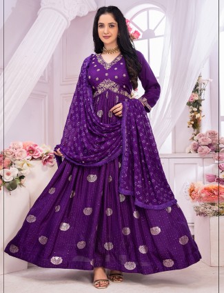 Classic dark purple banarasi silk anarkali suit