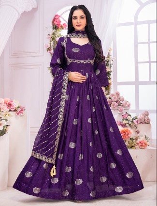 Banarasi silk dark purple anarkali suit