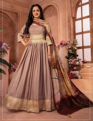 Beige banarasi silk floor length anarkali suit