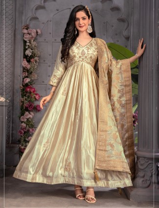 Beige tissue silk floor length anarkali suit