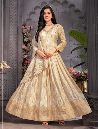 Tissue silk cream anarkali suit with dupatta