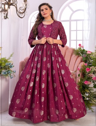 Dark pink banarasi silk anarkali suit