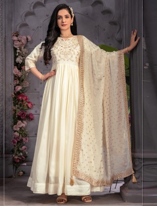 Off-white dola silk anarkali suit