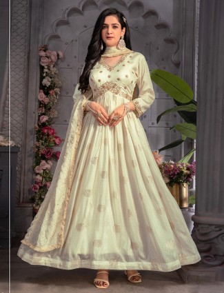 Stunning cream banarasi silk anarkali suit