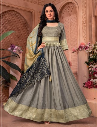 Stunning grey banarasi silk anarkali suit