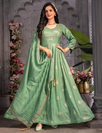 Stunning pista green banarasi silk anarkali suit