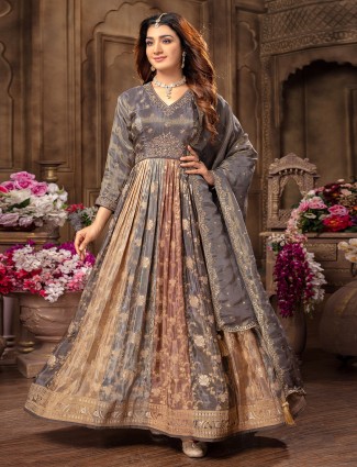 Tissue silk grey anarkali suit for wedding