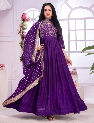 Trendy dark purple dola silk anarkali suit