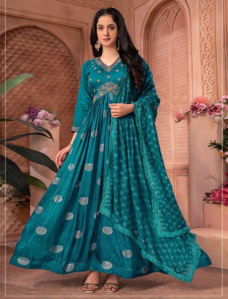 Trendy rama blue banarasi silk anarkali suit