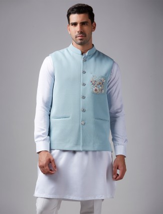 Trendy sky blue terry rayon waistcoat set