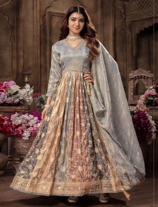 Tissue silk light grey anarkali suit