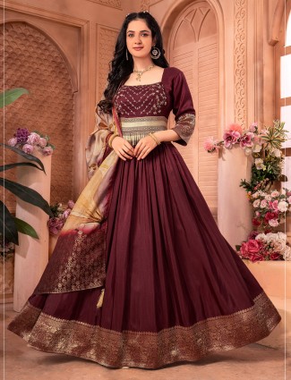 Trendy maroon banarasi silk anarkali suit