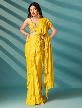 Newest yellow georgette pre-stitched saree