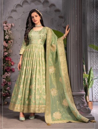 Tissue silk pista green anarkali suit