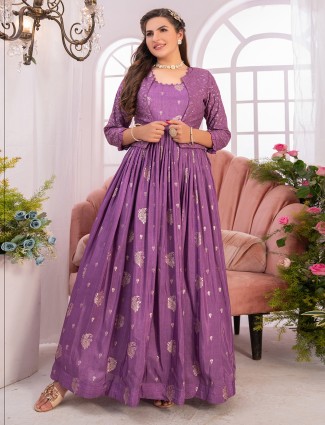 Purple banarasi silk anarkali suit with jacket