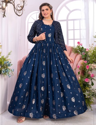 Rama blue banarasi silk anarkali suit with jacket