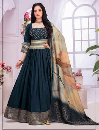 Banarasi silk teal blue anarkali suit