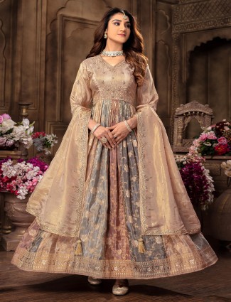 Beige tissue silk anarkali suit for wedding