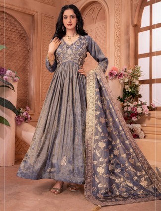 Grey tissue silk floor length anarkali suit