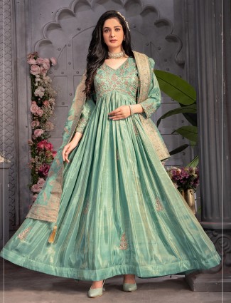 Sea green tissue silk anarkali floor length suit