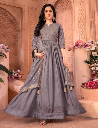 Latest grey dola silk anarkali suit