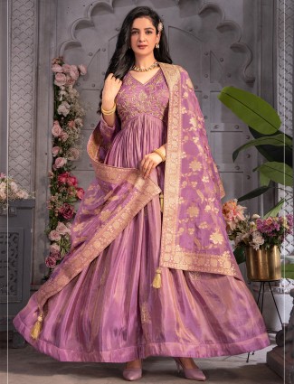 Latest mauve pink tissue silk anarkali suit