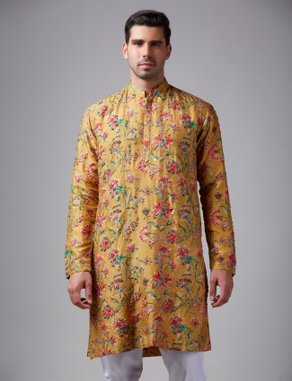 Yellow floral printed silk kurta suit