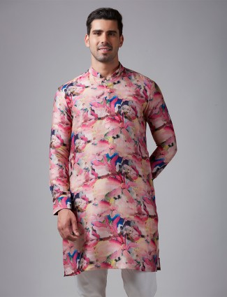Dazzling printed pink silk kurta suit