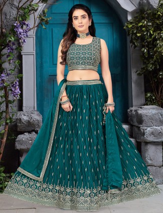 Teal blue georgette lehenga choli with dupatta