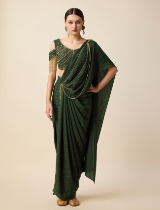 Bottle green silk pre-stitched saree