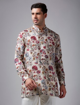 Cream floral printed short kurta suit