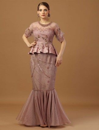 Elegant dusty pink fish cut skirt with peplum top