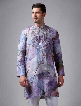 Lilac purple silk printed kurta suit for festive
