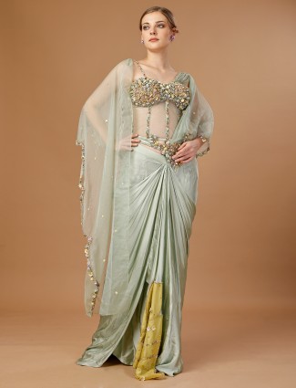 Modal satin mint green designer saree