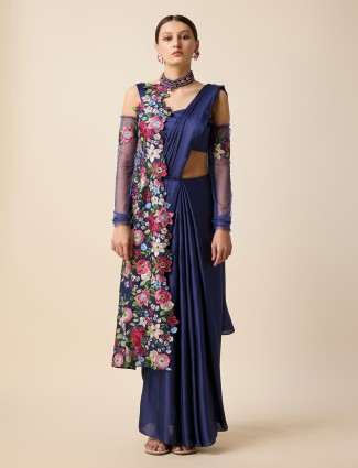 Silk navy ready pleated saree