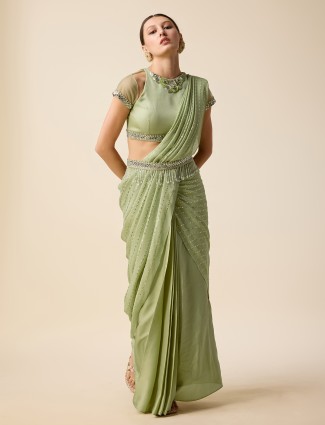 Pista green georgette ready drape saree