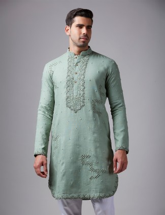 Pista green linen handwork kurta suit