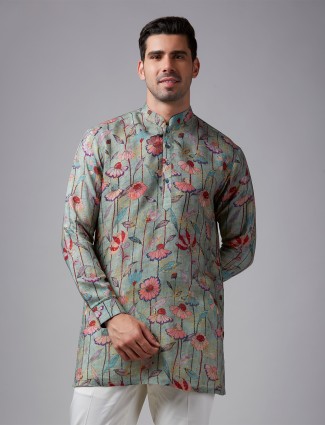 Sage green printed cotton short kurta suit