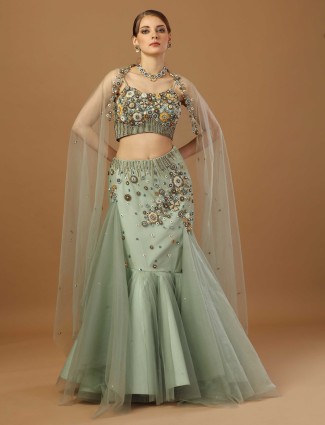 Sage green fish cut net lehenga choli