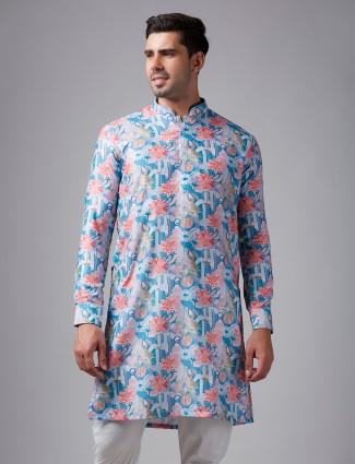 Light blue floral printed silk kurta suit