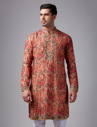 Silk floral printed orange kurta suit